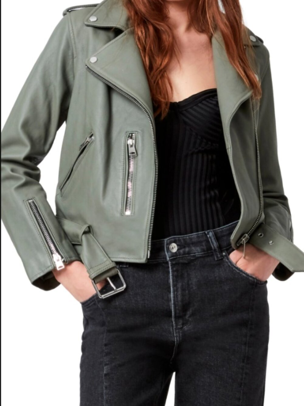 AllSaints Balfern Leather Biker Jacket Size US 8 Sage Green